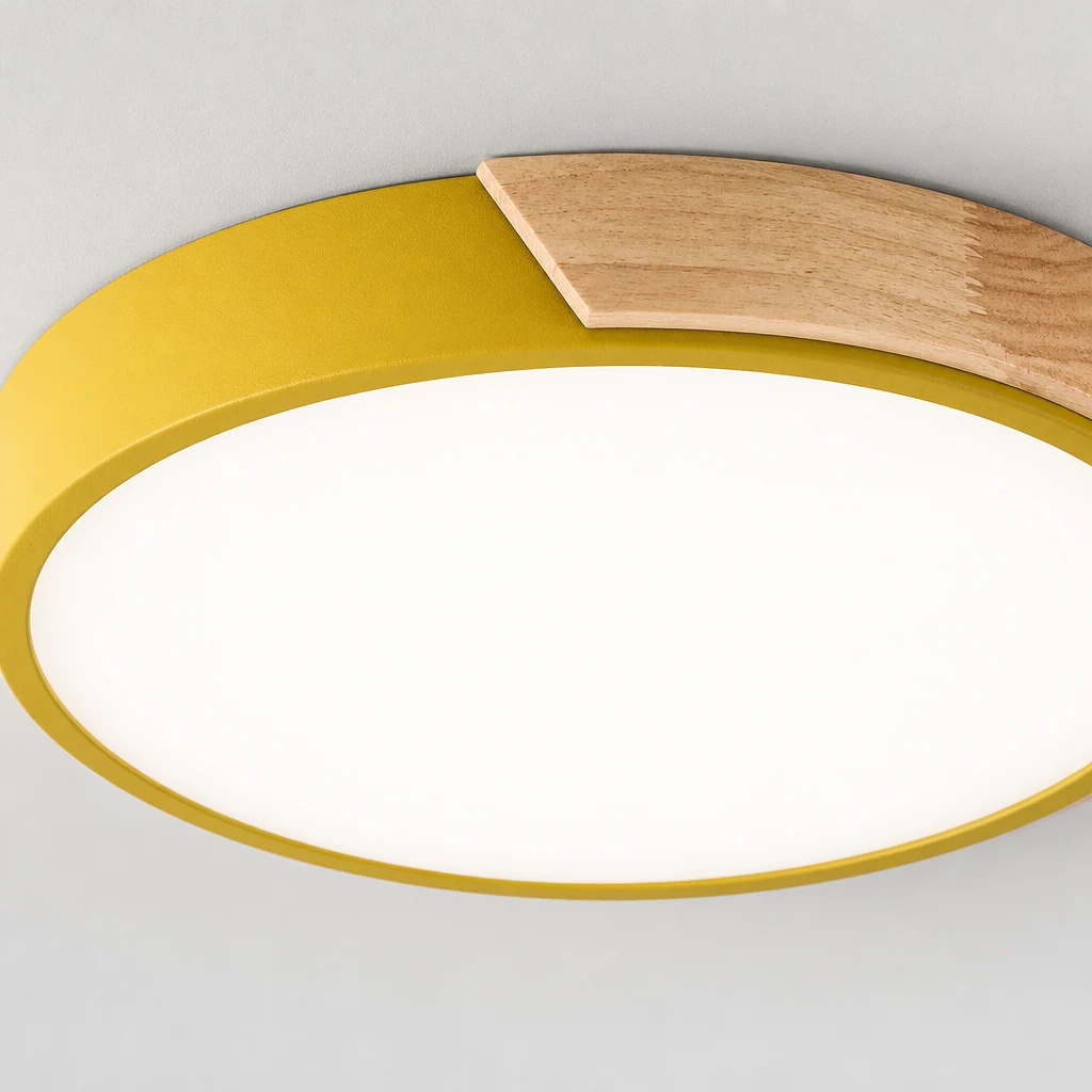 Dettaglio ravvicinato della struttura della lampada da soffitto a forma di macaron in ferro e acrilico.