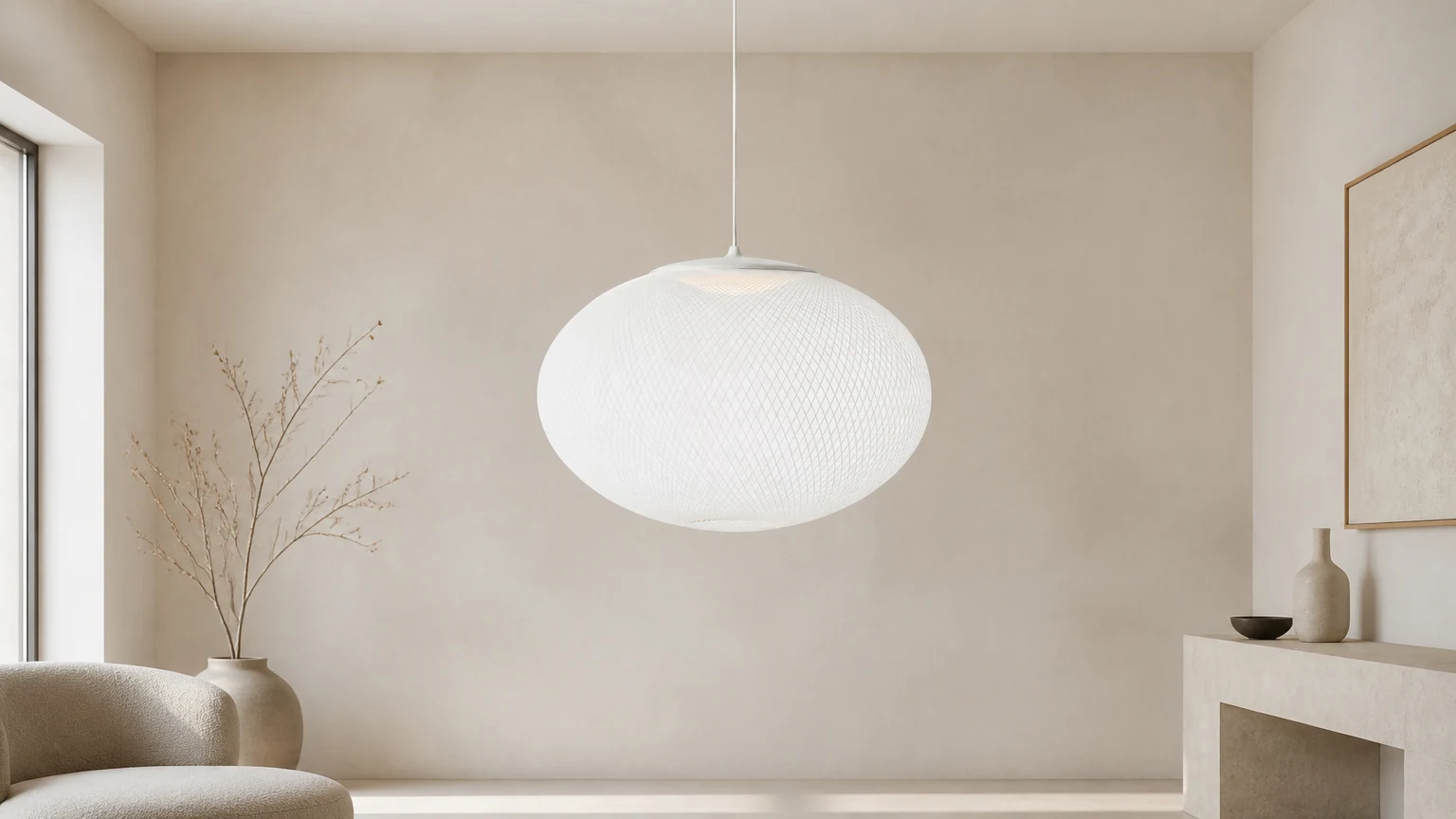 Moderne LED-Pendelleuchte mit Mesh-Gewebe in einer Raumszene