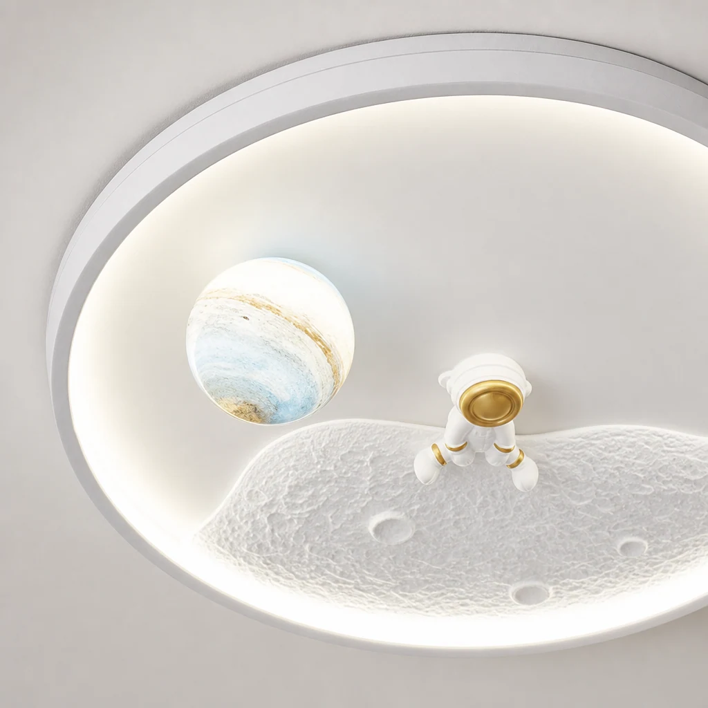 Dettaglio ravvicinato della texture e del bordo LED della plafoniera a forma di pianeta con astronauta.