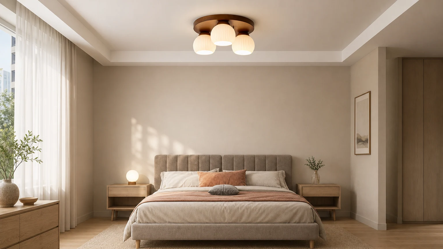 Plafoniera semi-incasso scandinava in legno e vetro in una camera da letto.