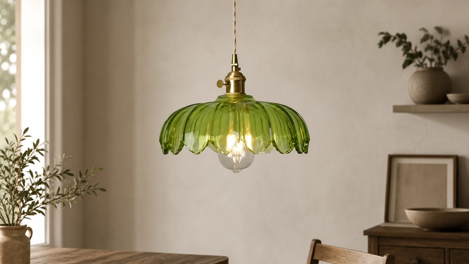Suspension en verre rétro rustique en forme de pétales dans un intérieur chaleureux