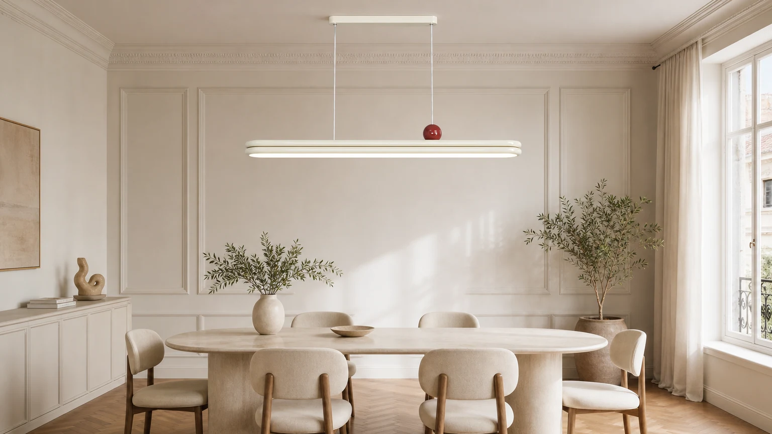 Lustre LED elliptique à deux niveaux, disposé au-dessus d'une table à manger