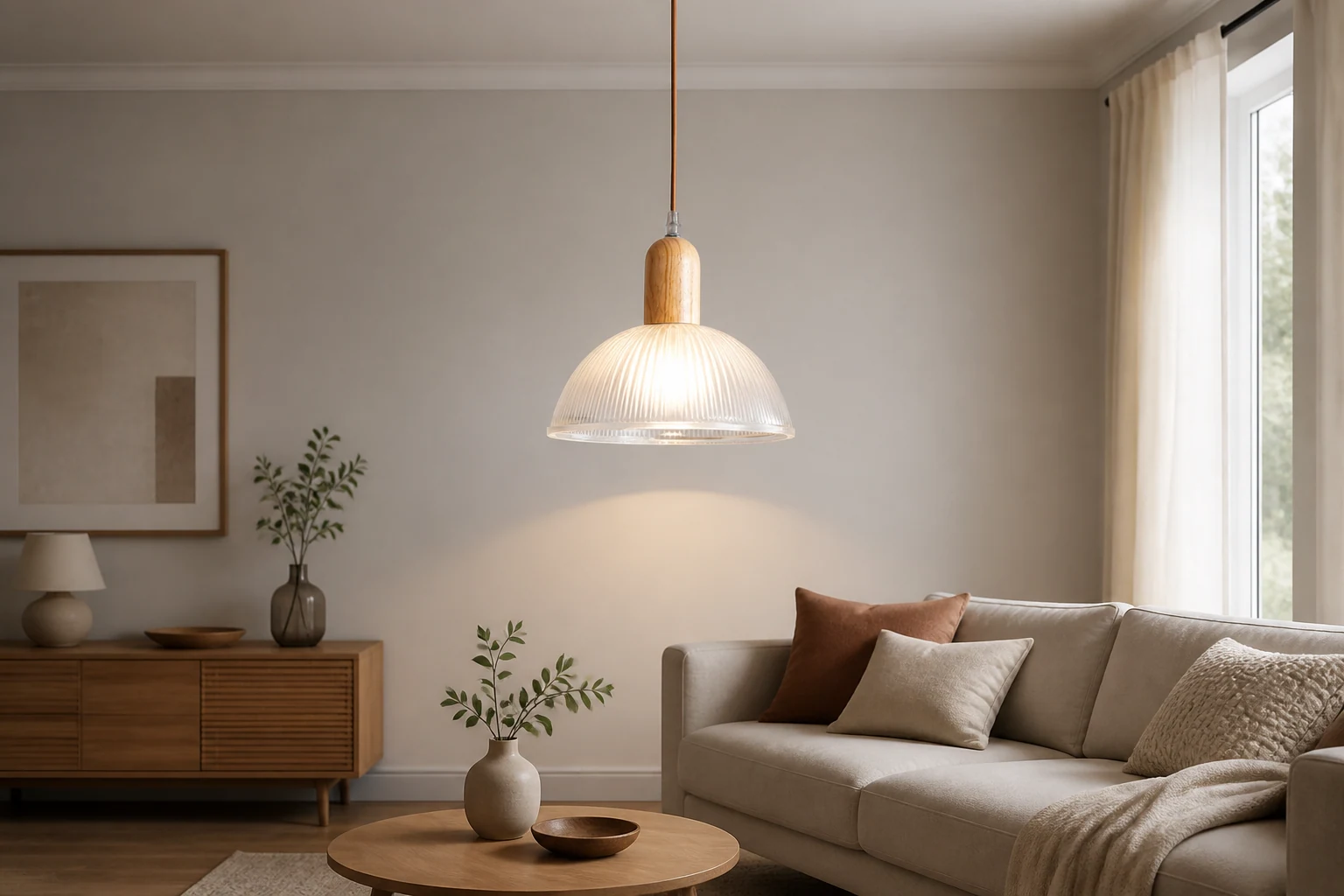 Escena de una habitación con estilo de vida, con lámpara colgante de cúpula de madera y cristal.