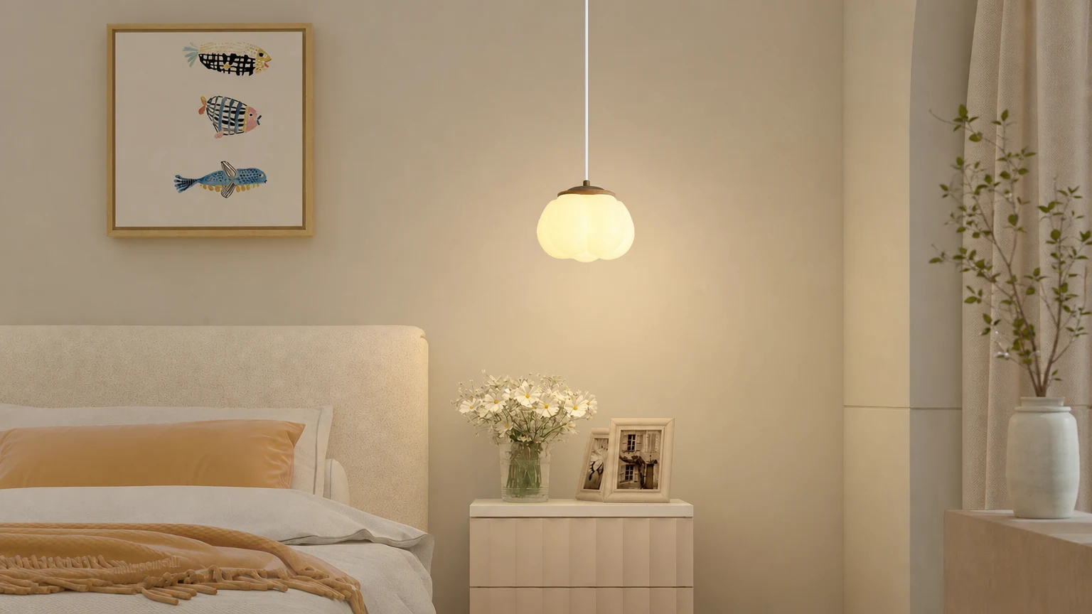 Lámpara colgante de tambor de madera nórdica contemporánea y PE blanco en una escena de habitación cálida.