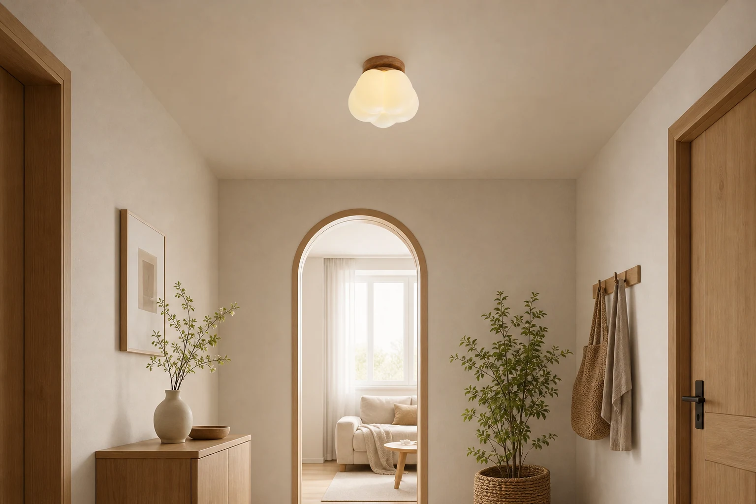 Escena de estilo de vida que muestra la lámpara de techo semiempotrada con forma de calabaza en una habitación residencial.