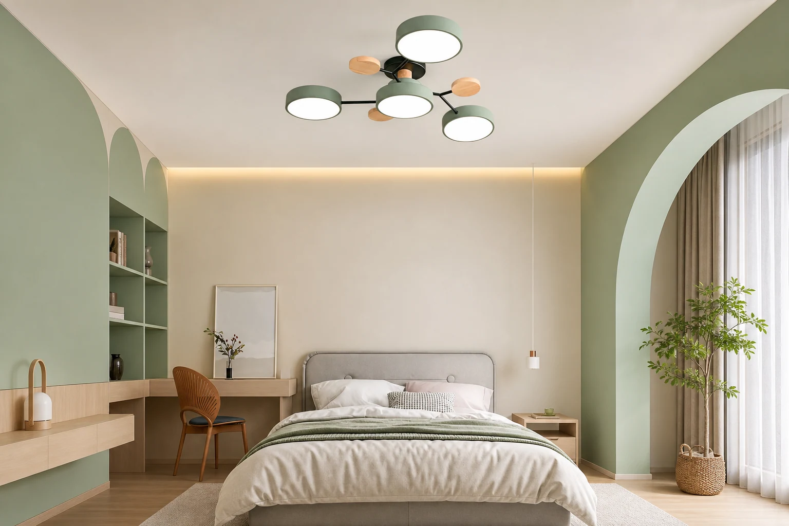 Lifestyle scène met plafondlamp in Scandinavische stijl met takkenmotief