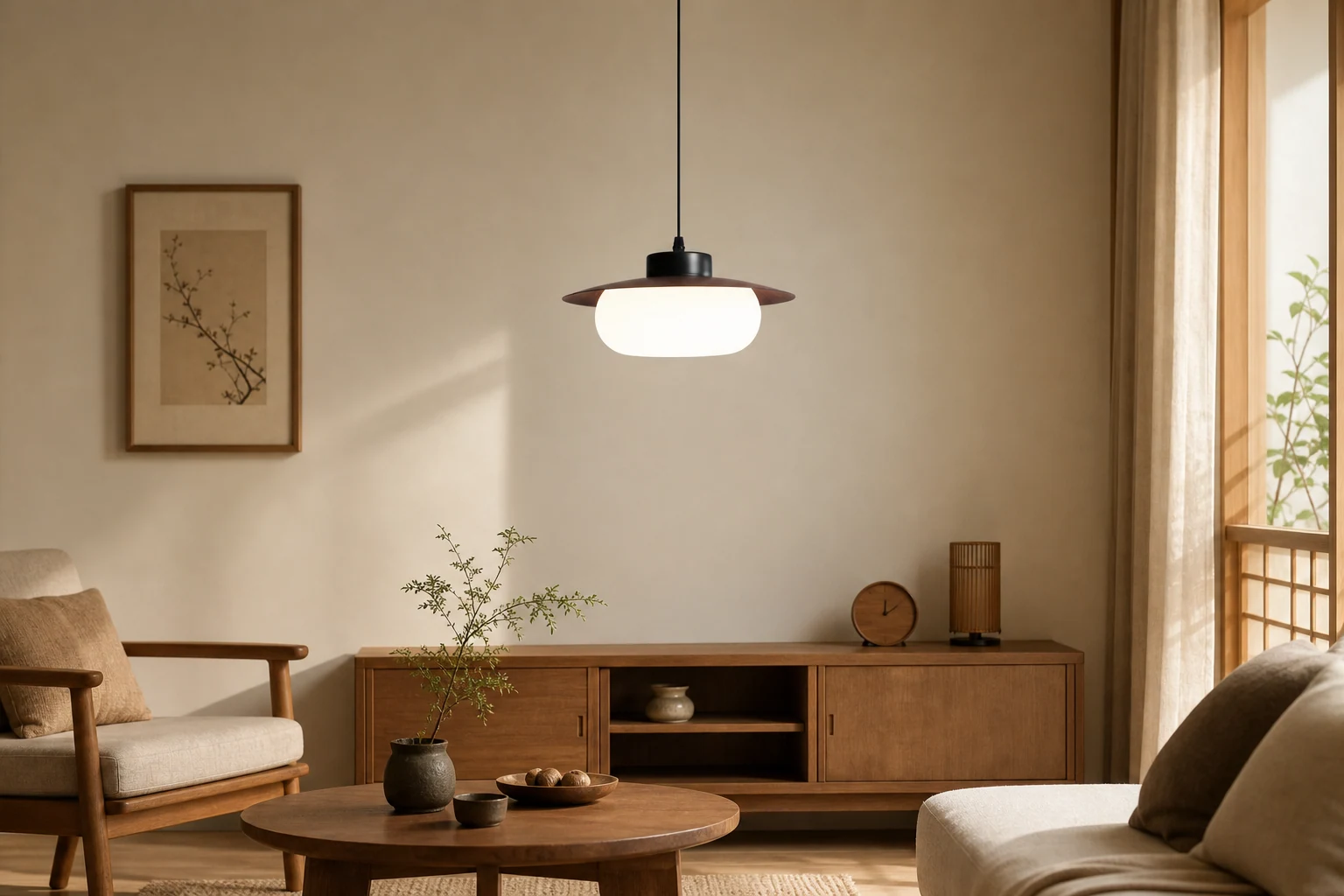 Lifestyle-Szene, die die traditionelle japanische runde LED-Pendelleuchte im Kontext zeigt