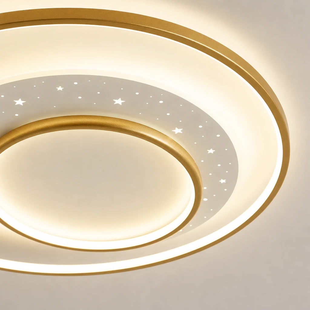 Detalle en primer plano de los materiales de la lámpara de techo LED redonda con forma de estrella y el difusor acrílico.