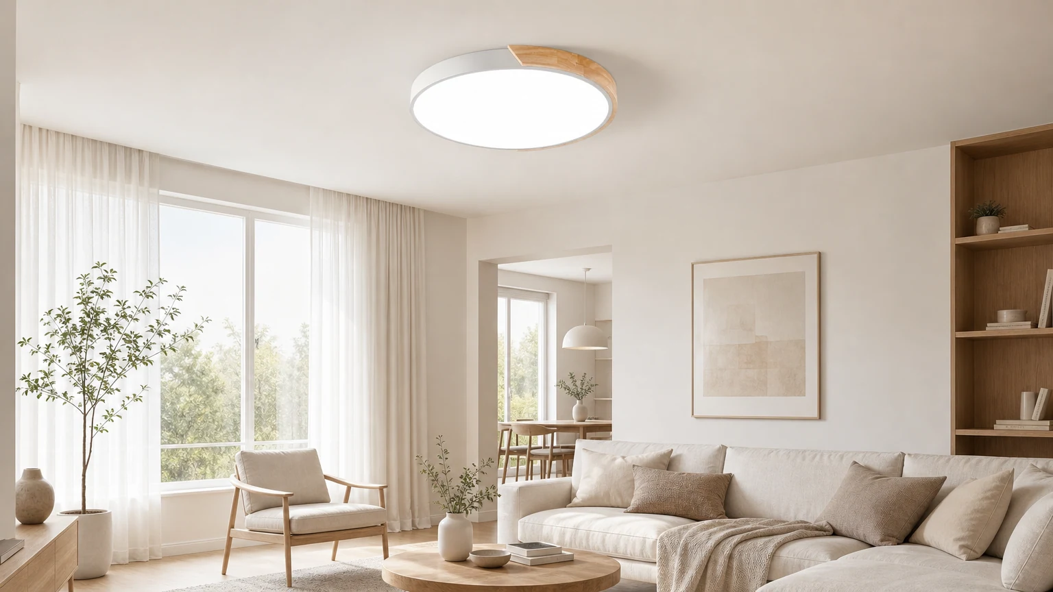 Plafoniera a LED rotonda in stile scandinavo, a forma di macaron, in un ambiente da soggiorno.