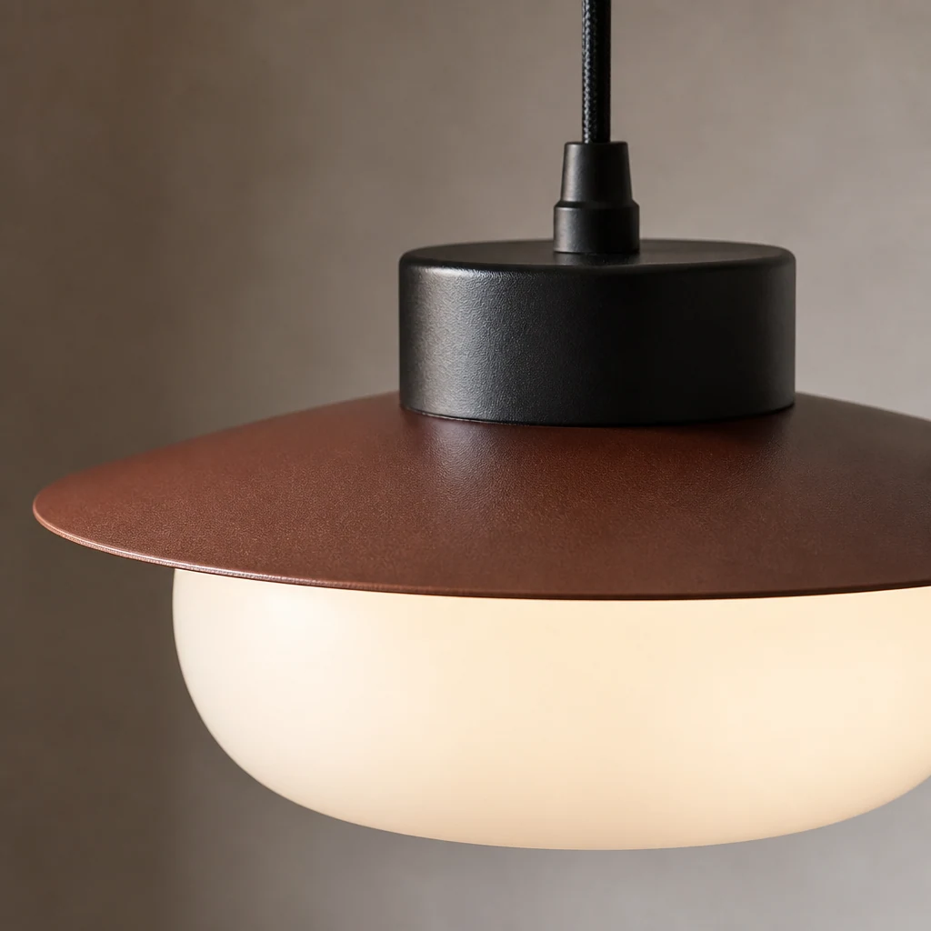 Detailaufnahme des walnussfarbenen japanischen LED-Pendelleuchtenschirms und Diffusors