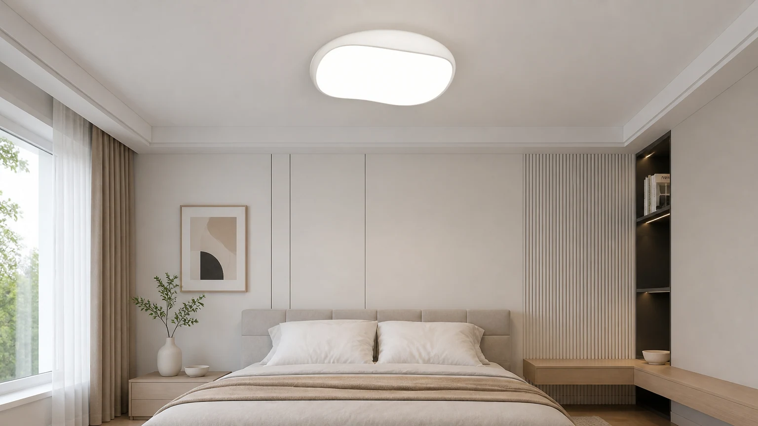 Plafoniera a LED rotonda irregolare di colore bianco, in stile nordico contemporaneo, installata in una camera da letto.