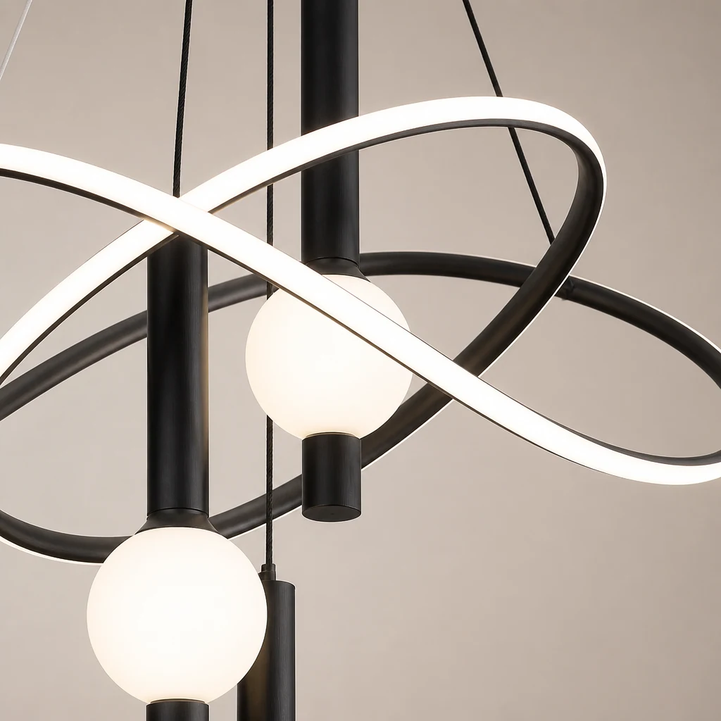 Primo piano della finitura del lampadario, del diffusore a sfera in acrilico e del dettaglio curvo a LED.