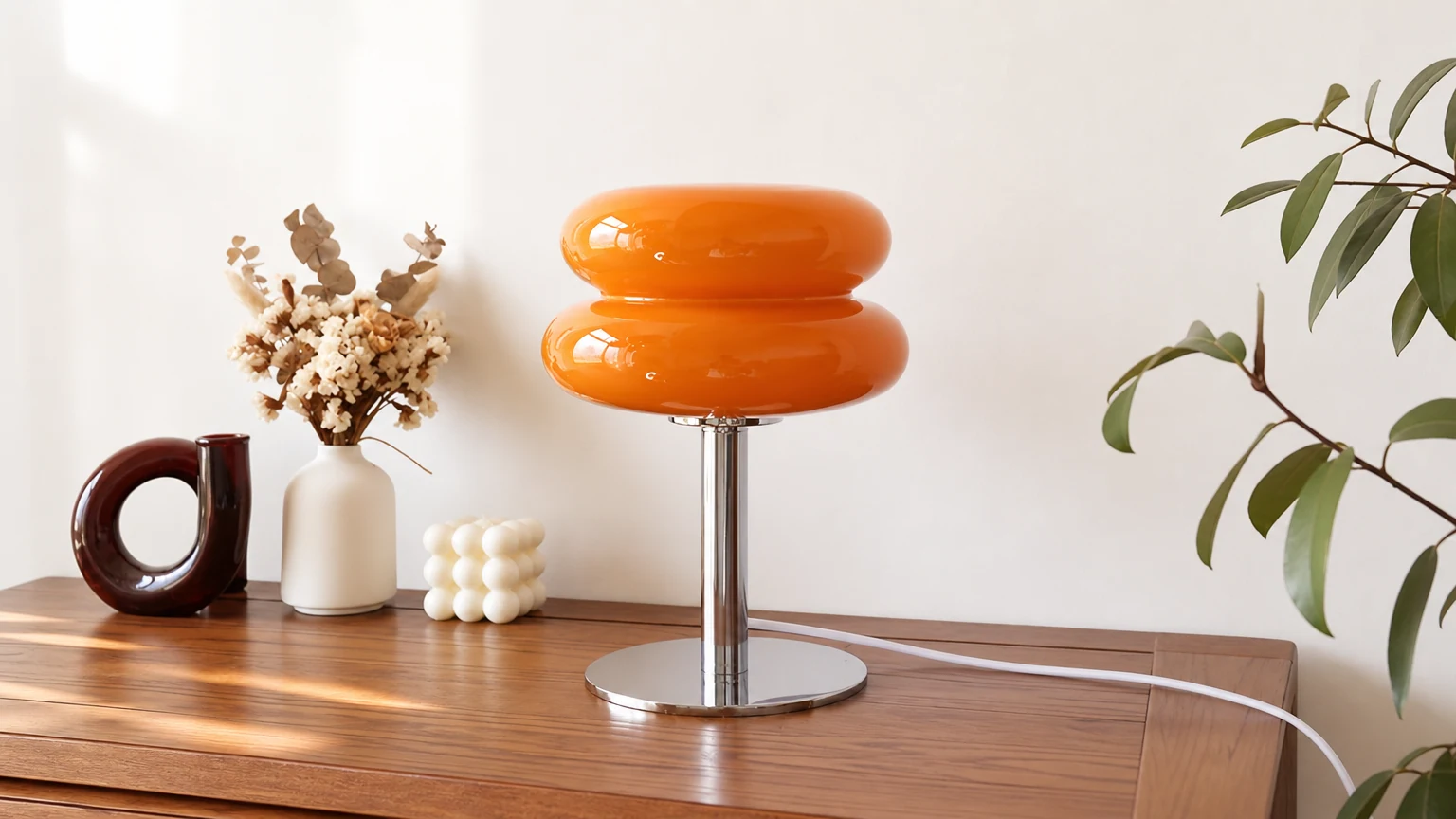 Lampe de table rétro Bauhaus en forme de sucette ondulée dans une chambre chaleureuse