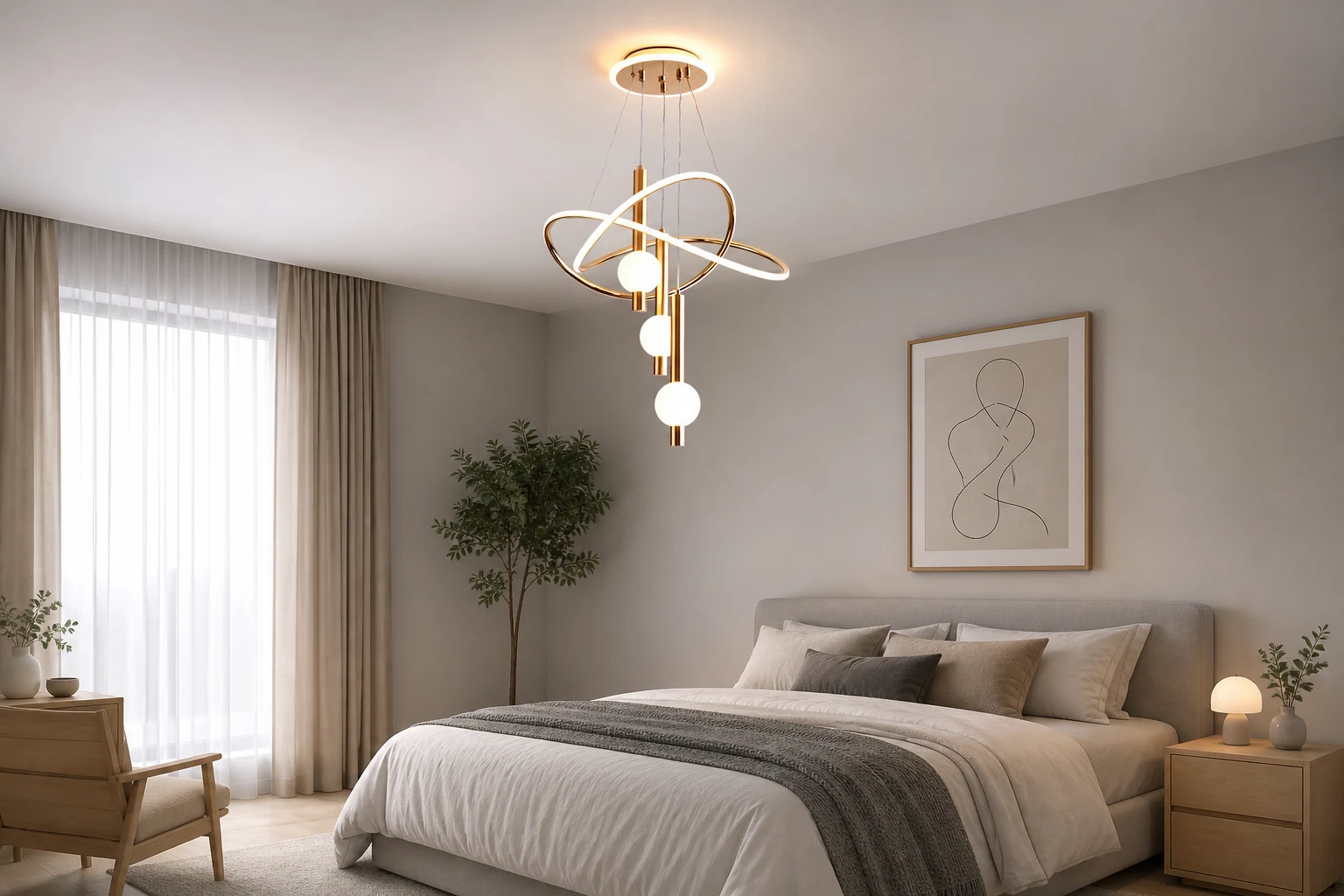 Scena di lifestyle con il lampadario a LED a forma di sfera cilindrica, posizionato al centro e perfettamente visibile.