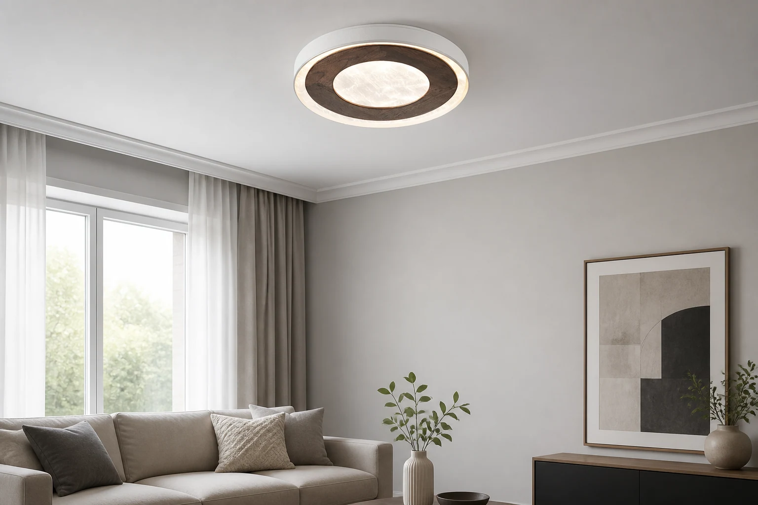 Scena d'arredo in stile lifestyle con plafoniera a LED rotonda in noce.