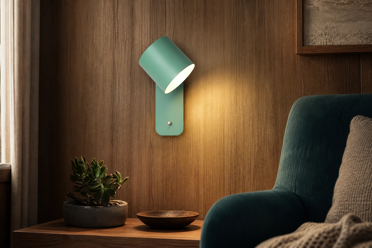 Draaibare cilindervormige wandlamp in een lifestyle wandverlichtingsopstelling