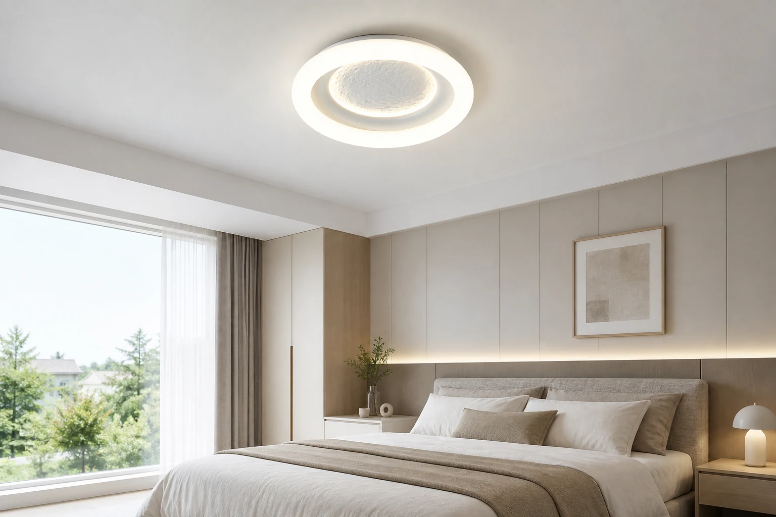 Lifestyle-scène met de complete astronautenplaneet als plafondlamp zichtbaar