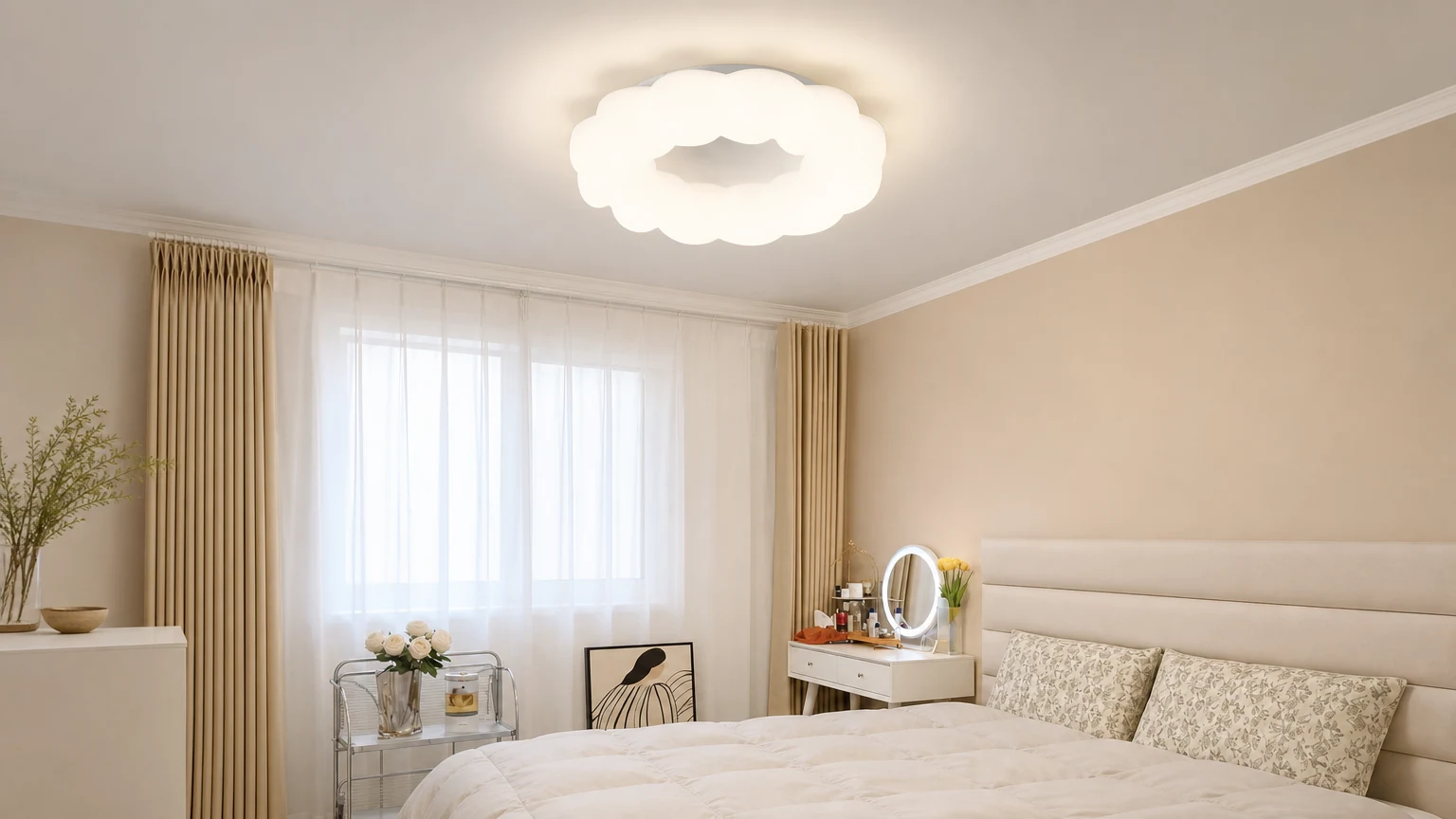 Plafoniera a LED a forma di nuvola in una camera da letto in stile nordico.