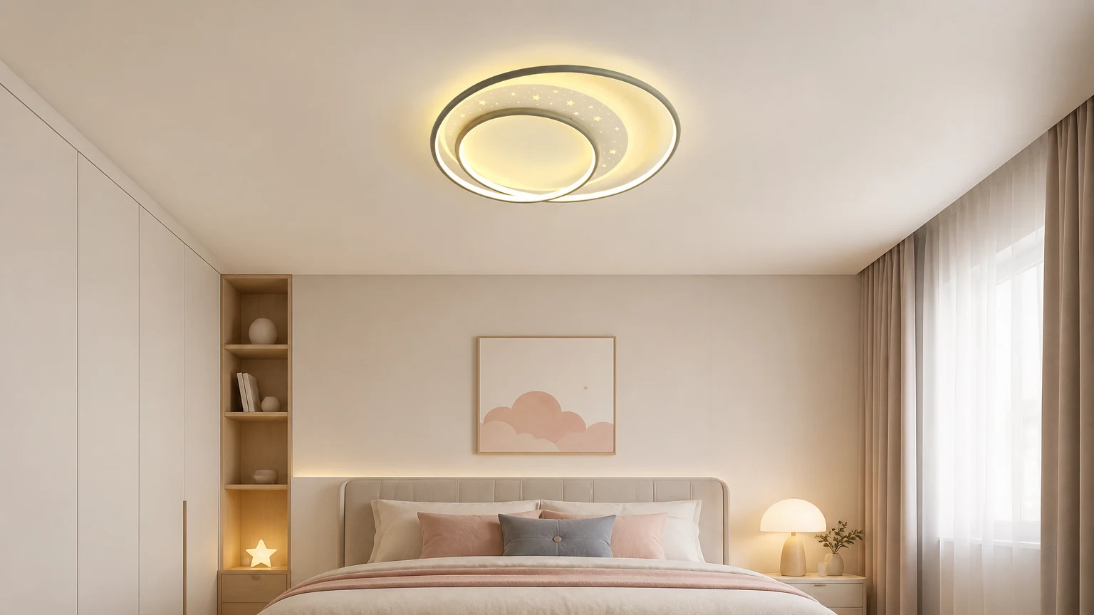 Lámpara de techo LED empotrable con forma de estrella redonda nórdica instalada en una escena de dormitorio.