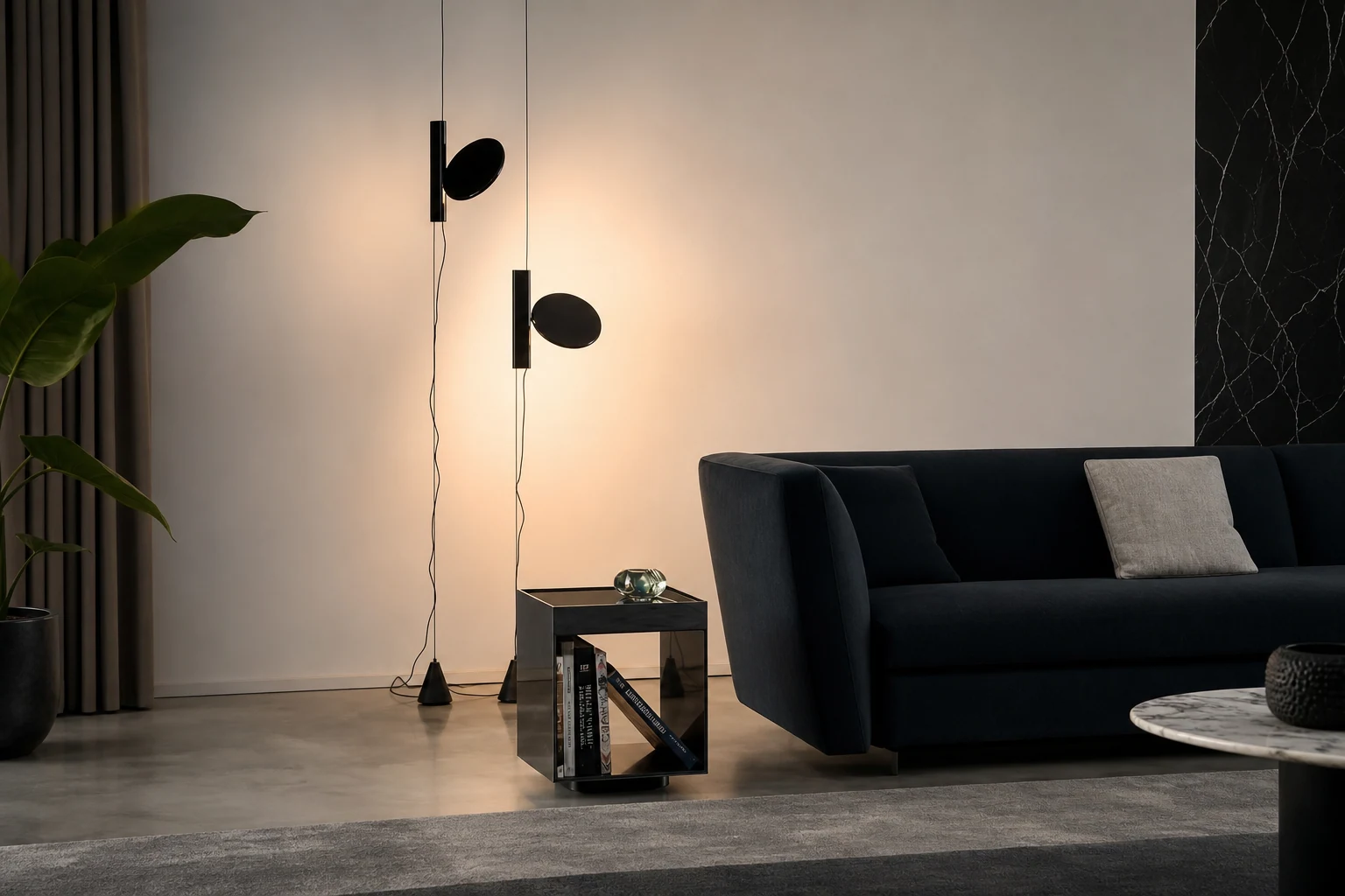 Verstelbare hanglamp in een moderne woonkamer.