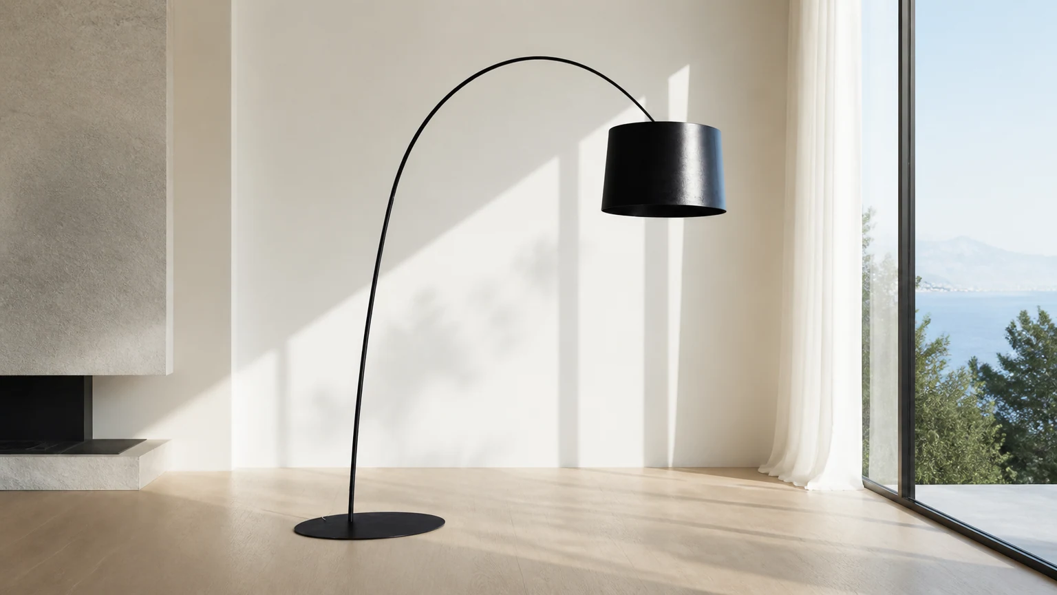 Lampadaire mince et atmosphérique dans une scène de salon horizontale