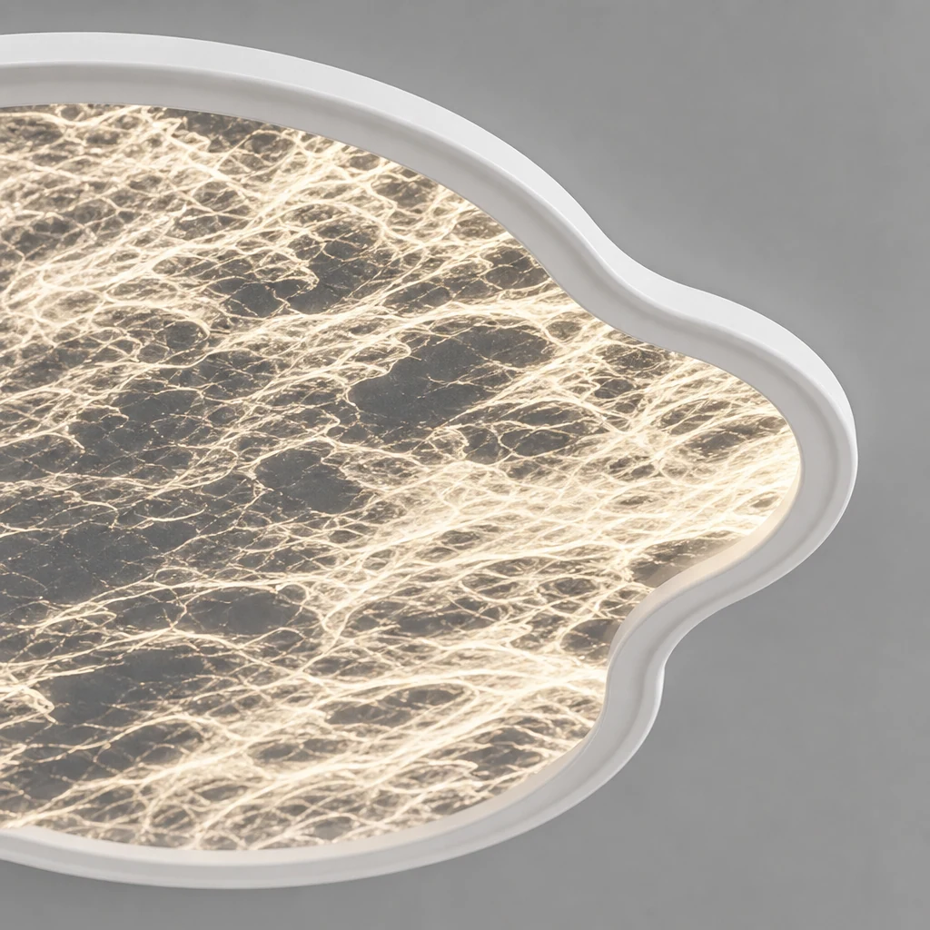 Vista ravvicinata della texture a nuvola e del dettaglio del diffusore LED in acrilico.