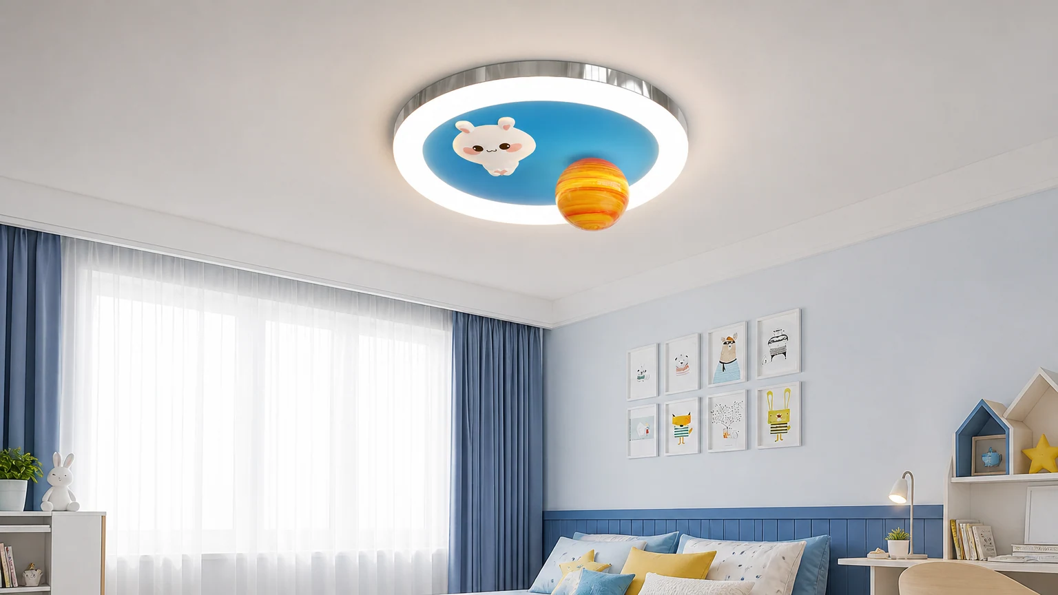 Die LED-Deckenleuchte „Bunny Planet“ ist in einem sanft beleuchteten Schlafzimmer installiert.