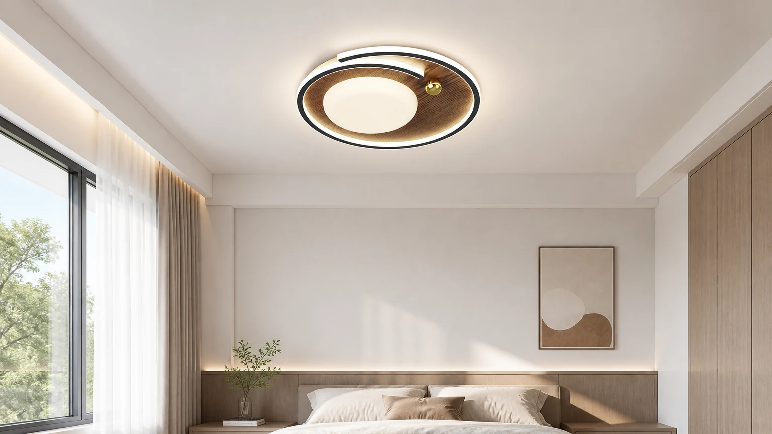 Plafoniera a LED rotonda dal design contemporaneo installata in una camera da letto.