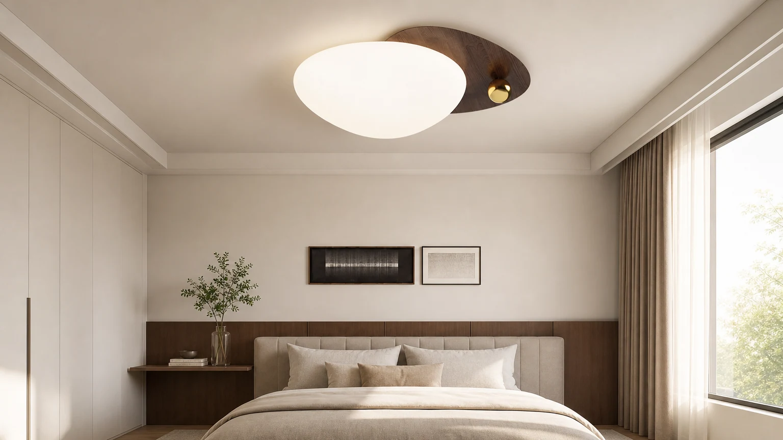 Plafoniera a LED a forma di sfera effetto ciottolo installata in una camera da letto.