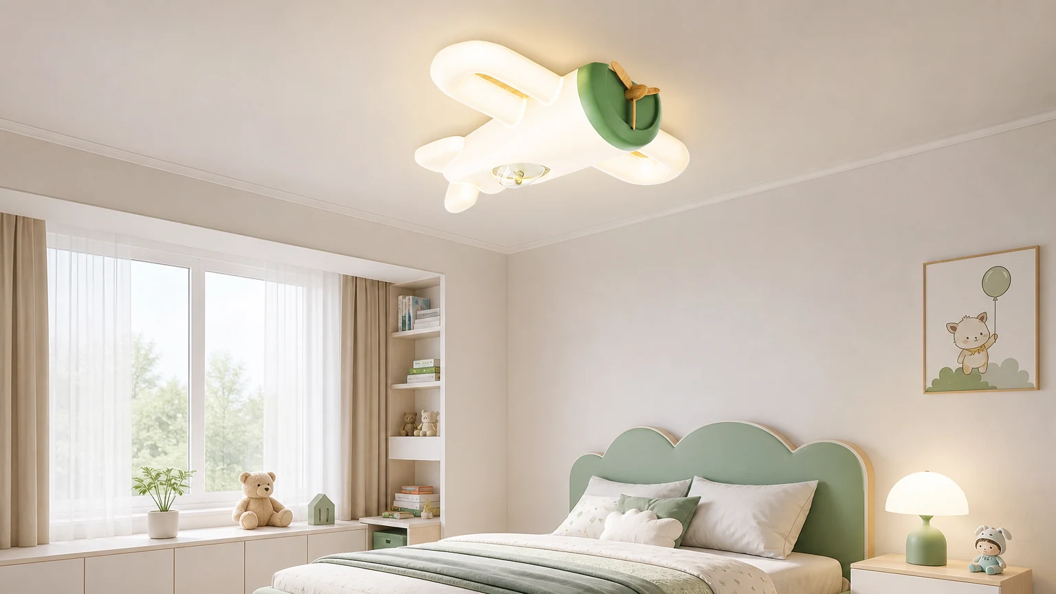 Plafoniera a LED a forma di aeroplano installata in una camera da letto.