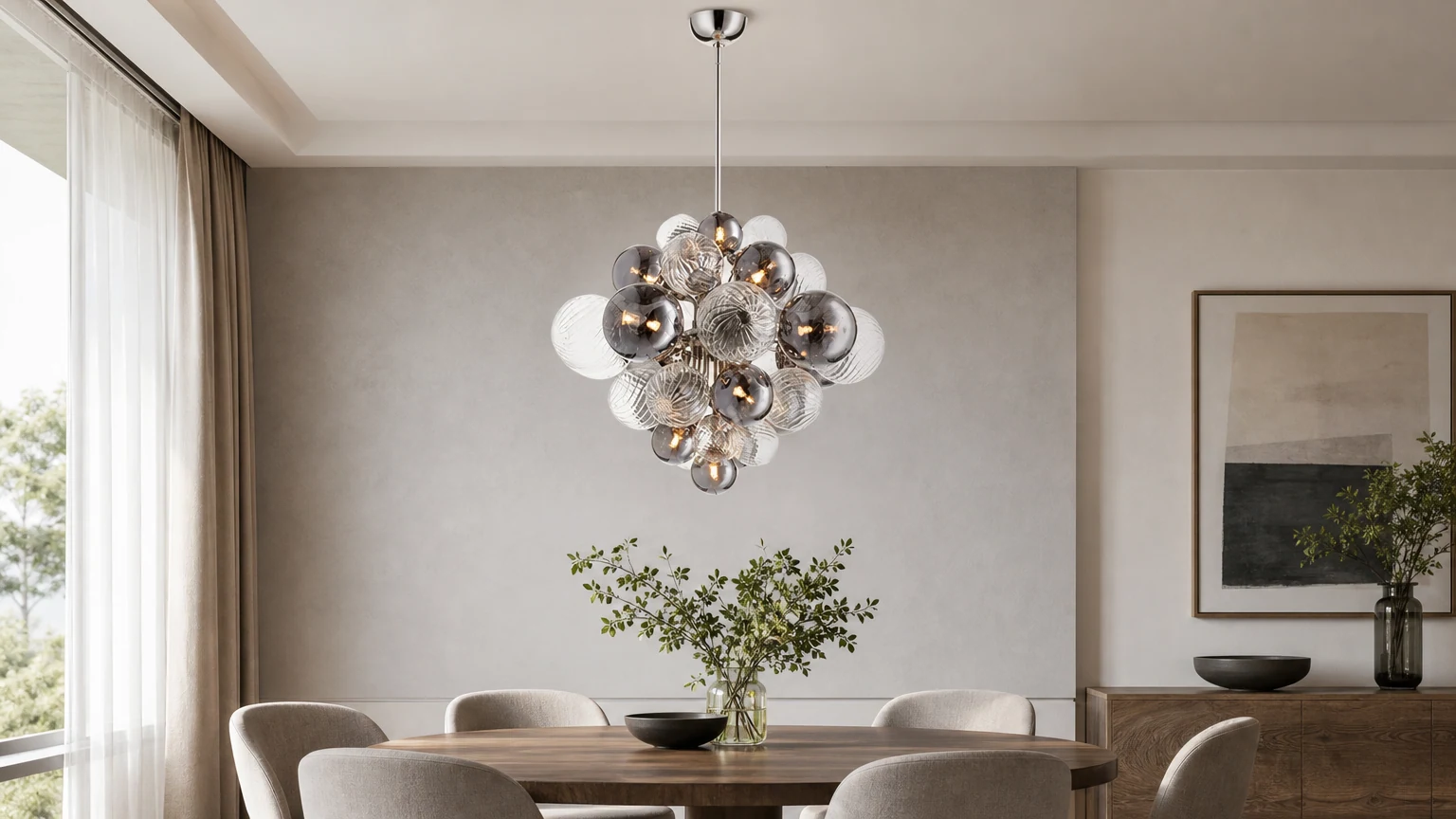 Hedendaagse Modo bolvormige kroonluchter met 19 lampen, geïnstalleerd in een moderne kamer.