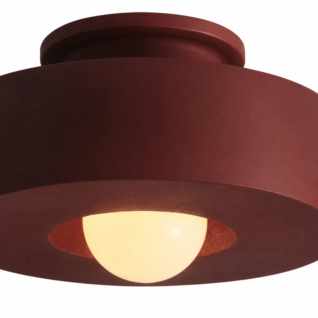 Detailopname van de harsafwerking en de afgeronde vorm van de Retro Wabi Sabi plafondlamp.