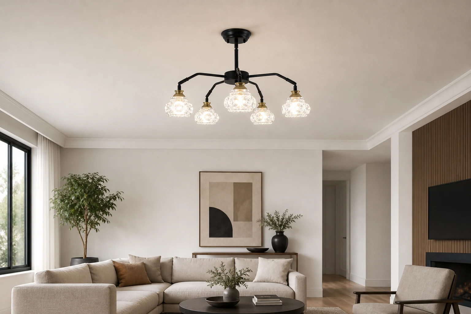 Een lifestyle-kamer met een compleet zwart glazen plafond met takkenmotief.