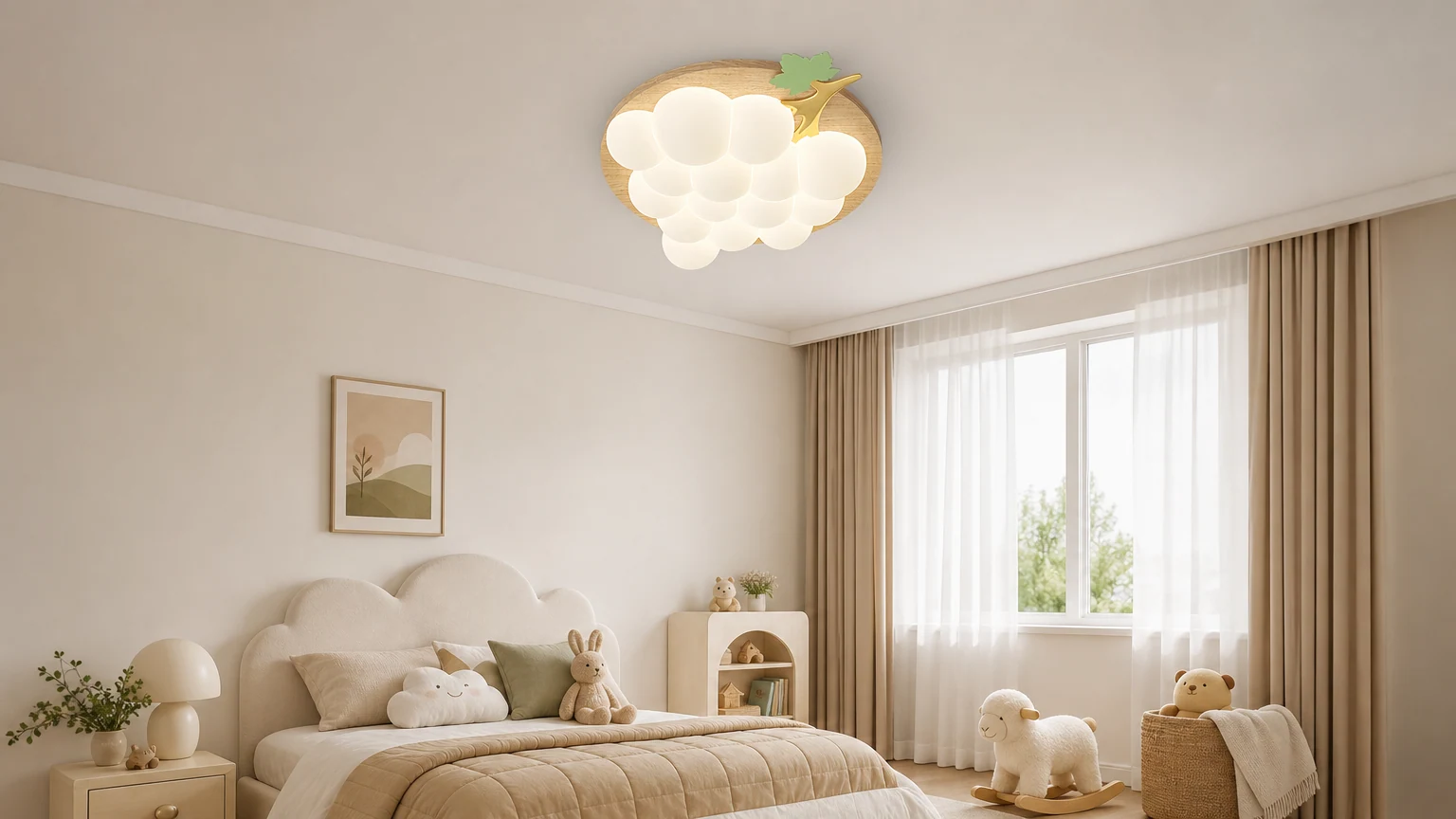 Plafoniera a forma di grappolo d'uva installata in una cameretta per bambini.