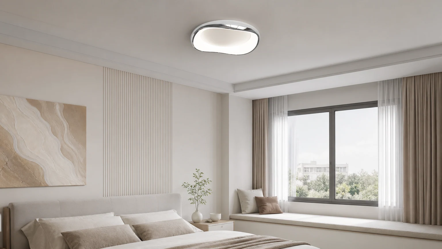 Plafoniera a LED moderna, dalla forma irregolare e rotonda, installata in una camera da letto.