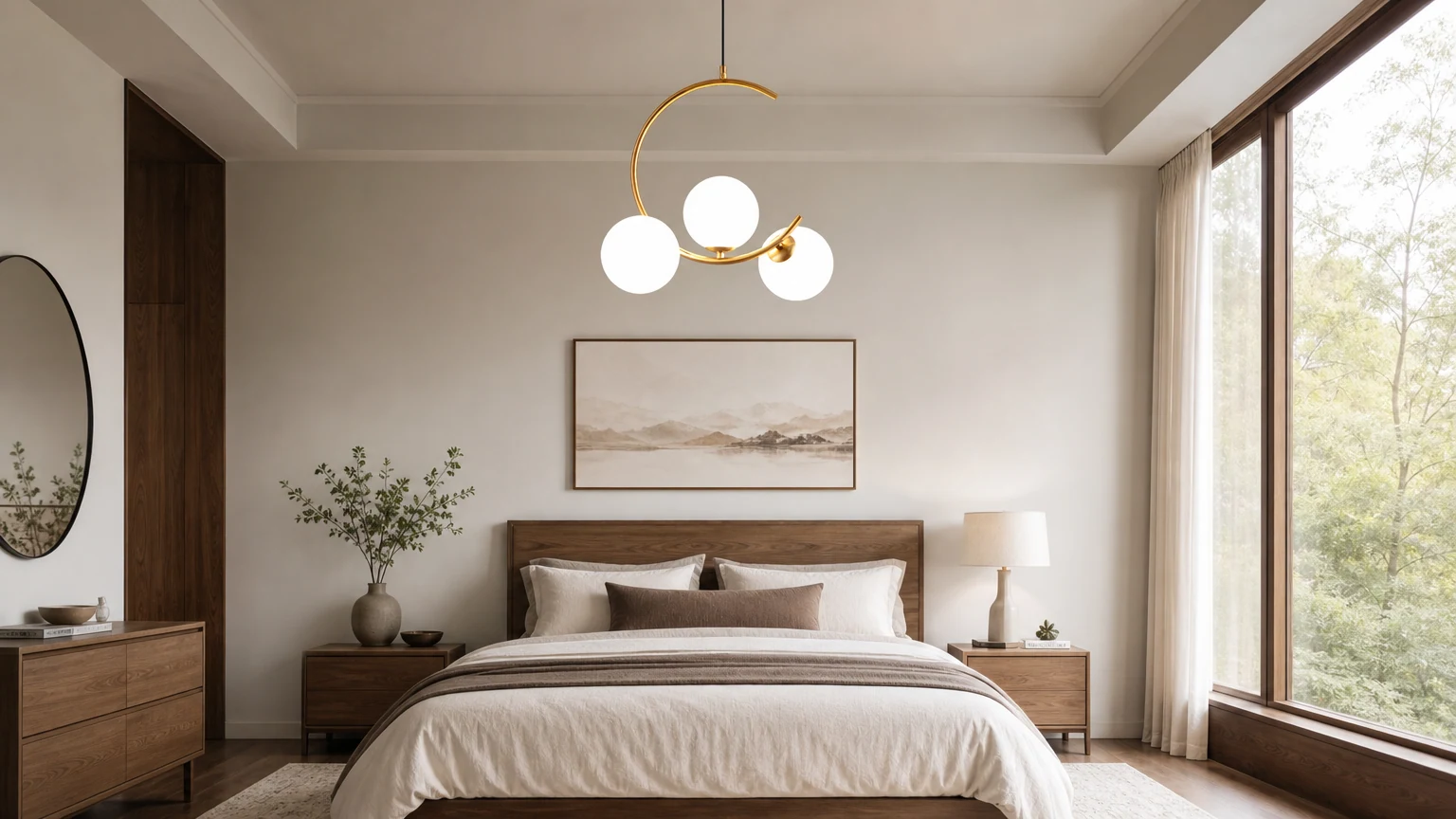 Gouden ronde bolvormige kroonluchter met 3 lampen in een slaapkamerinterieur.