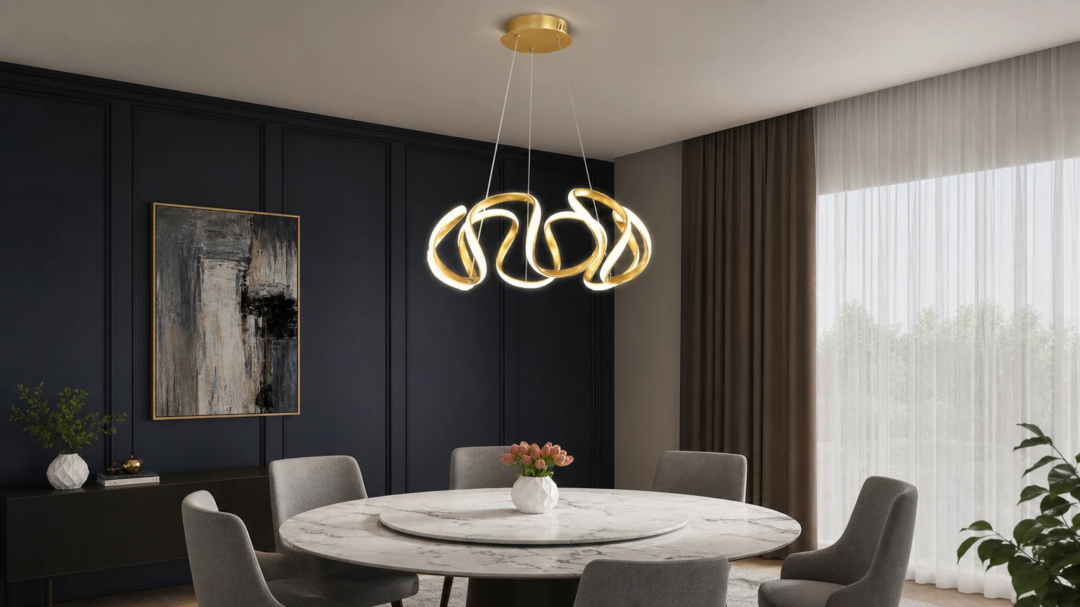 Lampadario a LED nordico contemporaneo dalle forme irregolari e curve, inserito in una sala da pranzo.