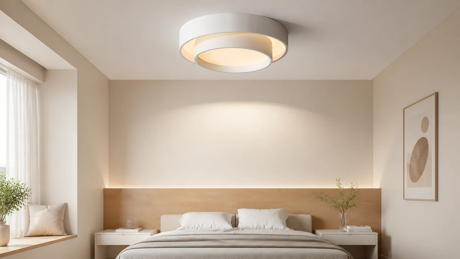 Plafonnier LED double rond moderne installé dans une pièce contemporaine