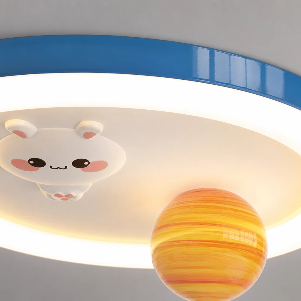 Nahaufnahme der Materialien und der dekorativen Oberfläche der Deckenleuchte „Hasenplanet“.