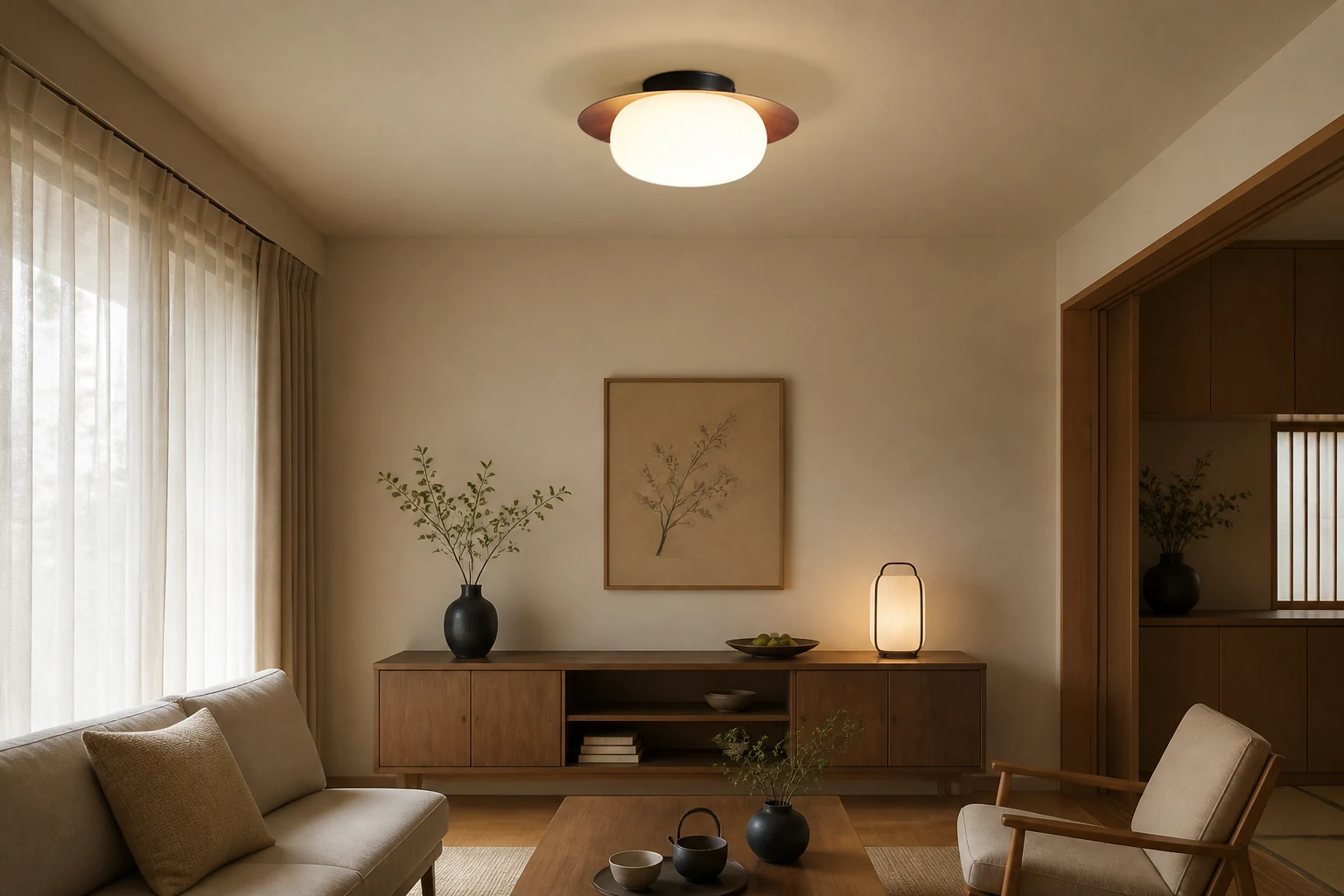 Plafoniera semi-incasso rotonda giapponese mostrata in una stanza luminosa