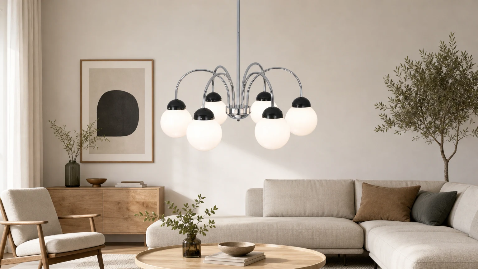 Ronde glazen kroonluchter, geïnstalleerd in een Scandinavische woonkamer.