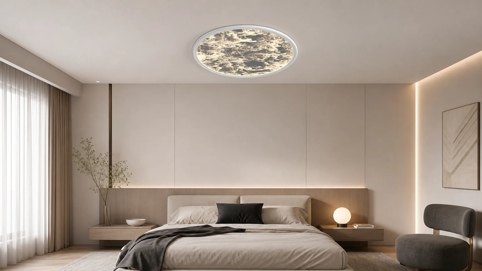 Plafoniera rotonda a LED con effetto cielo stellato in acrilico, ideale per una camera da letto tranquilla.