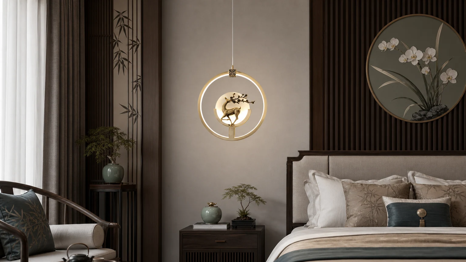Suspension LED traditionnelle chinoise ronde en jade et laiton dans une pièce