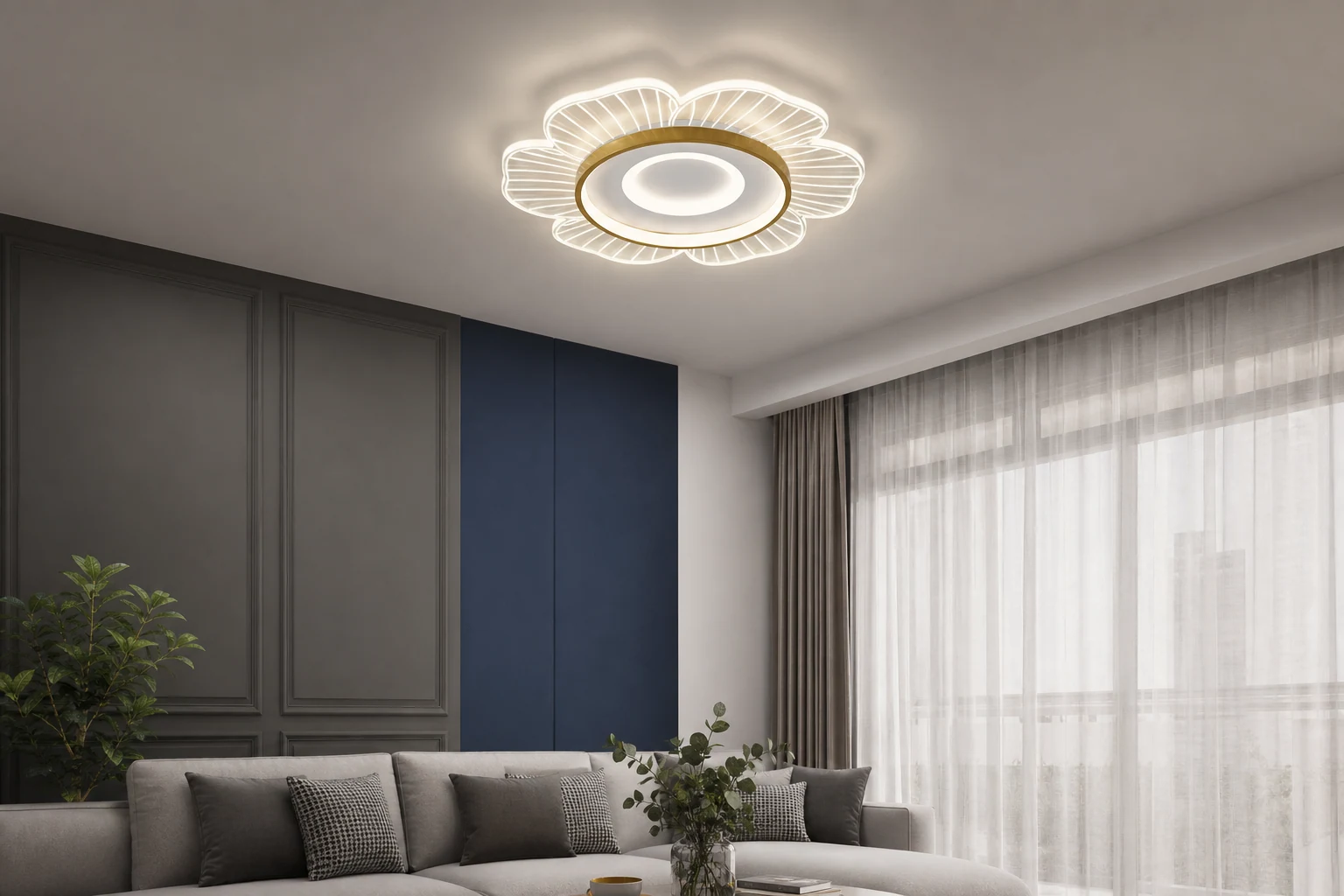 Scena di vita quotidiana con plafoniera a LED a forma di petalo di fiore