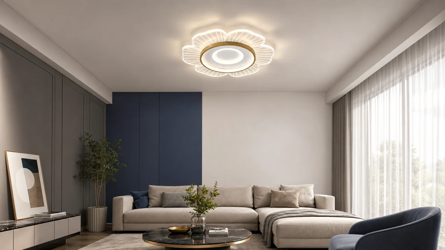 Plafoniera a LED a forma di petalo di fiore in un'atmosfera calda e accogliente del soggiorno.