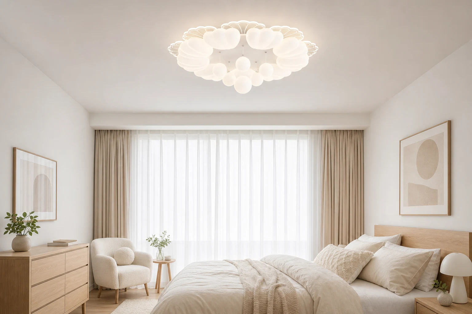 Szene im Wohnbereich mit der kompletten, blumenförmigen LED-Deckenleuchte im sichtbaren Hintergrund.