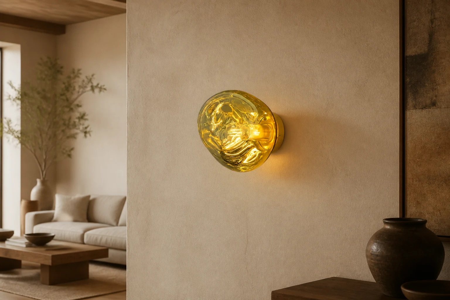 Een onregelmatige lavalamp aan de muur, te zien in een interieur dat is ingericht als lifestyle-kamer.