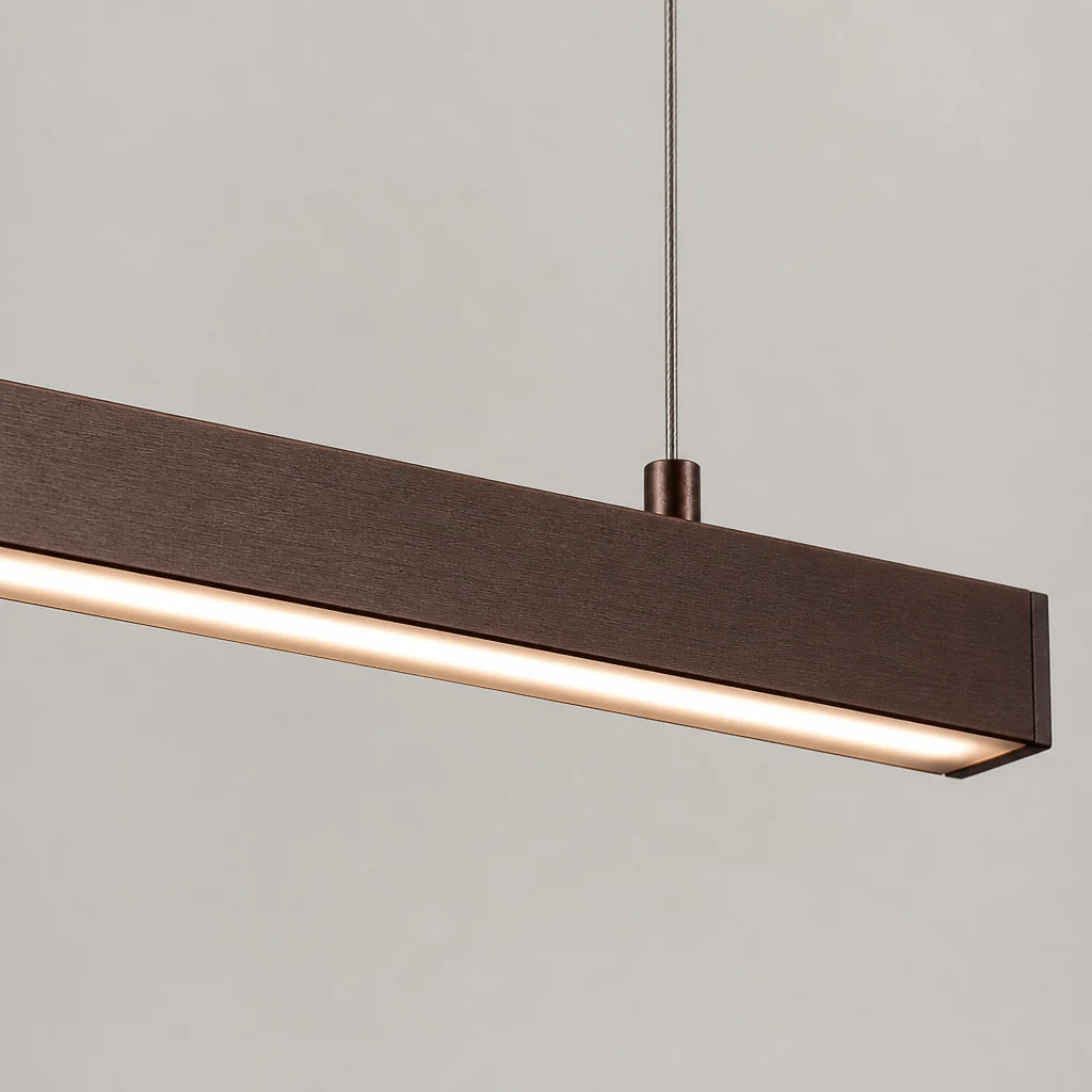 Detailaufnahme einer Aluminiumleiste in Walnussoptik und eines LED-Diffusors aus Acryl