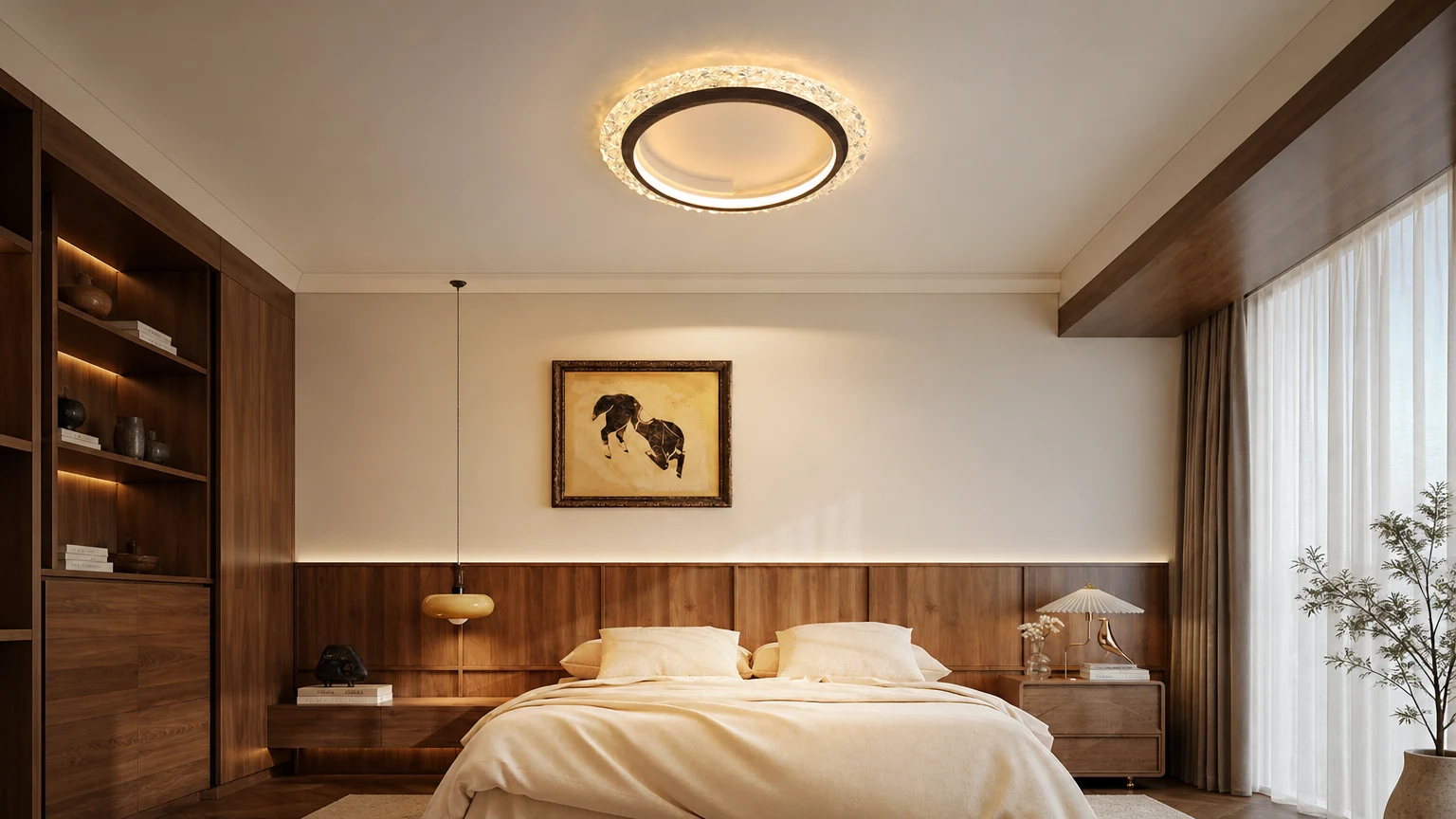 Plafoniera moderna e minimalista a forma di diamante, con montaggio a filo soffitto, in una camera da letto.