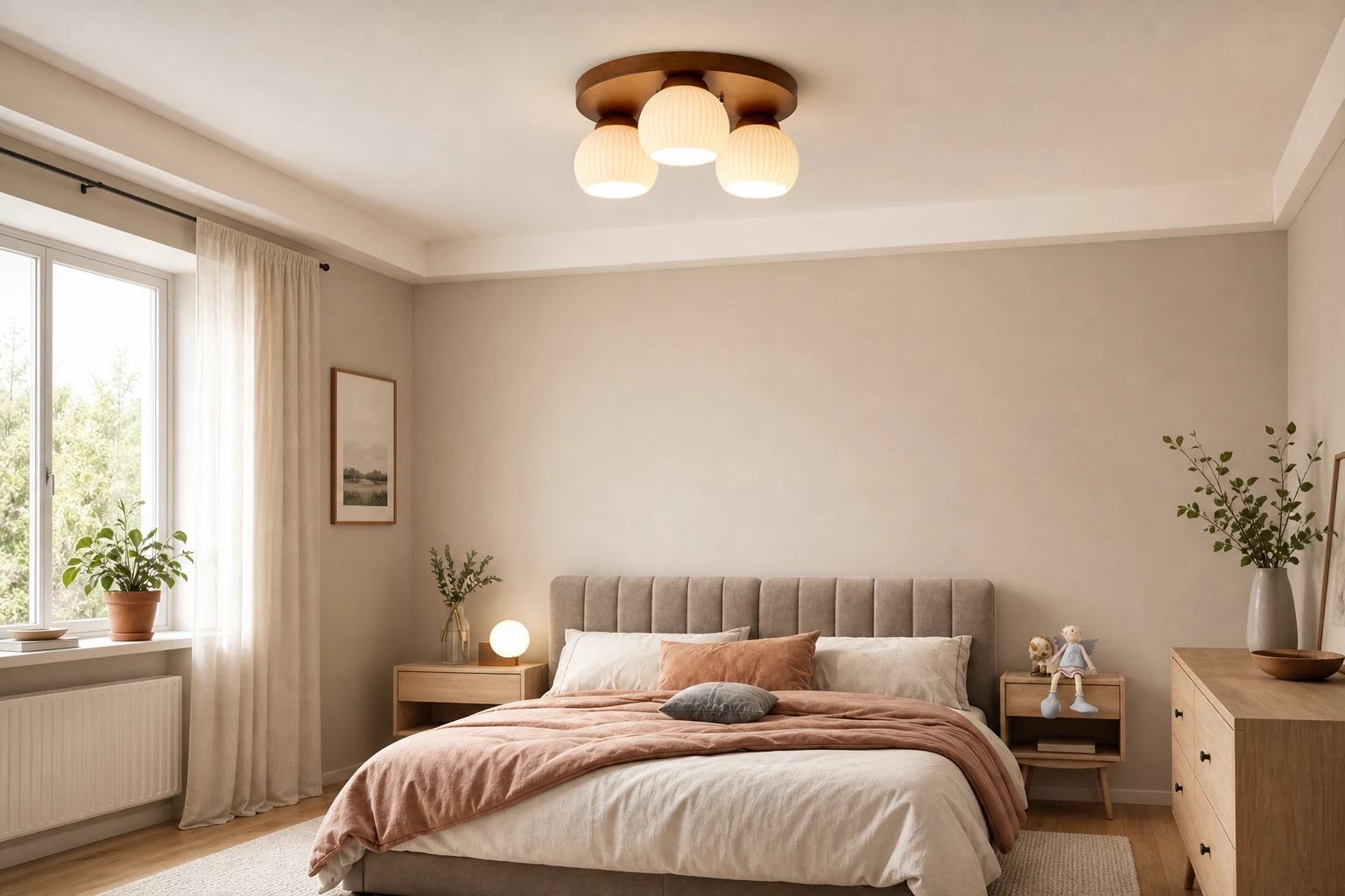 Scena di soggiorno in stile lifestyle con lampadario a semi-incasso in legno e vetro